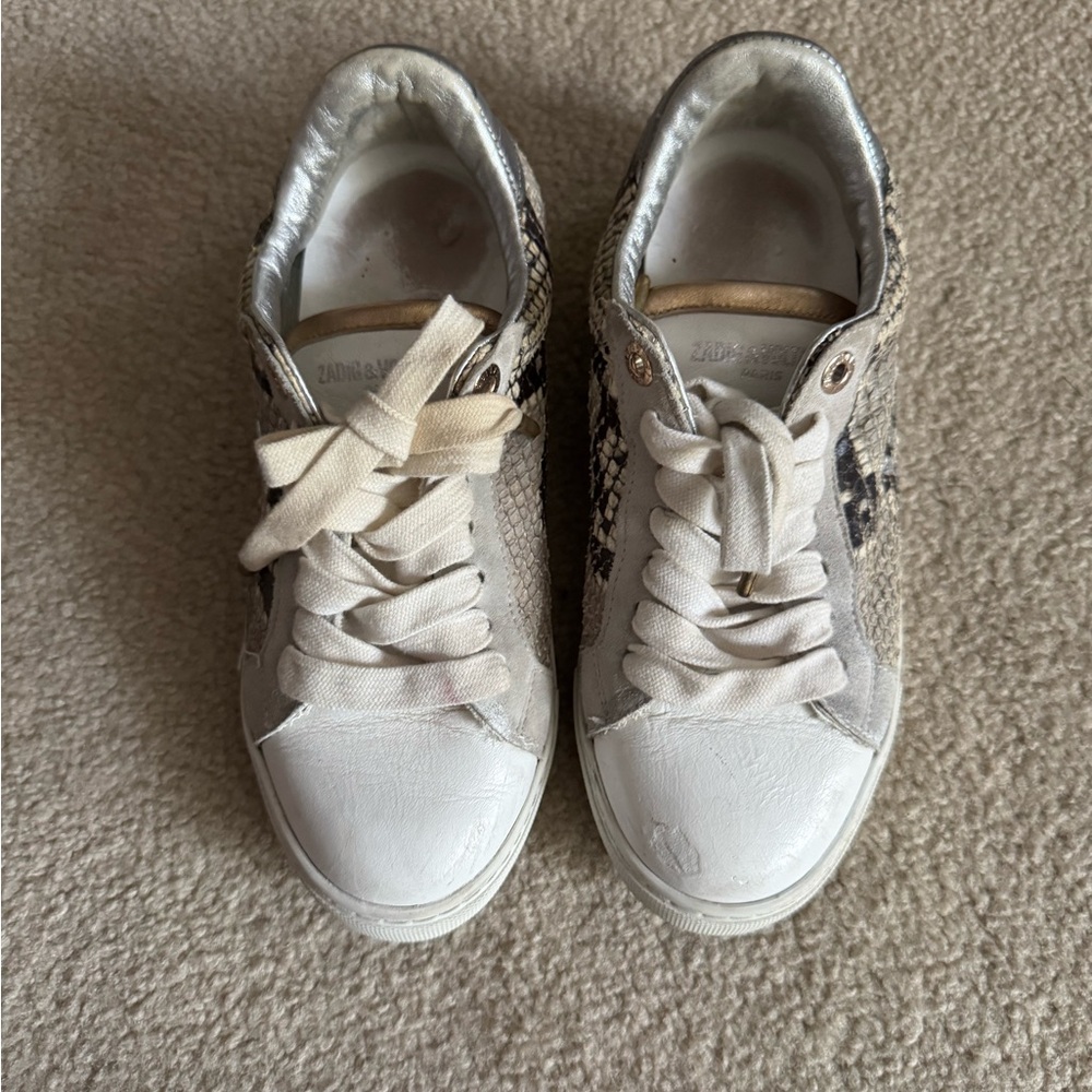 Zadig and Voltaire Vigna Leather Snakeskin Print Metallic Low Top Women Size 6 - Picture 5 of 16